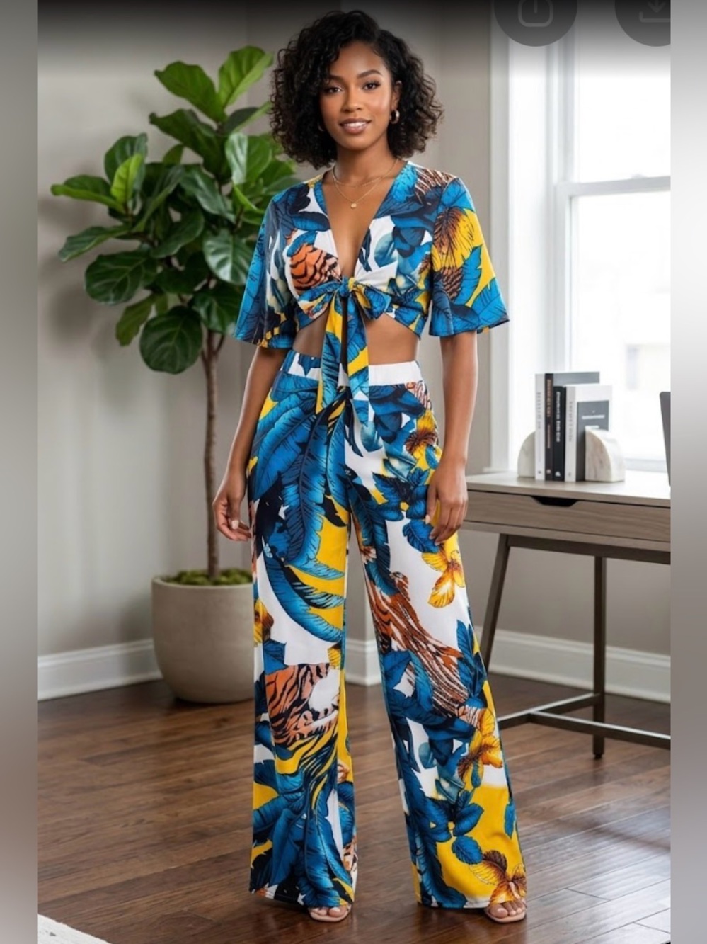 Tropical 2-Piece Set - Front Tie Crop Top & Wide Leg Pants -